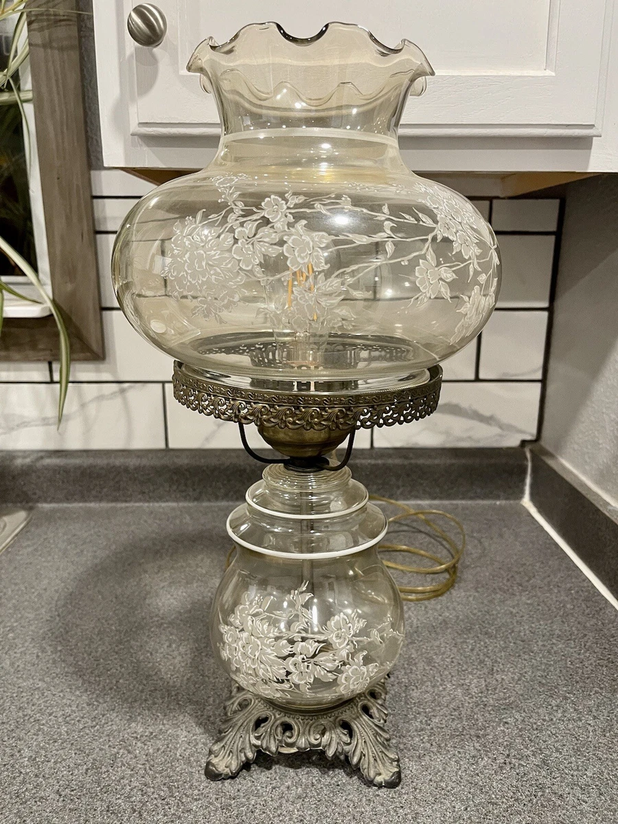 Vtg. DOUBLE GLOBE 15 Table Lamp Amber Smoke Glass White Floral DOGWOOD Turn Key