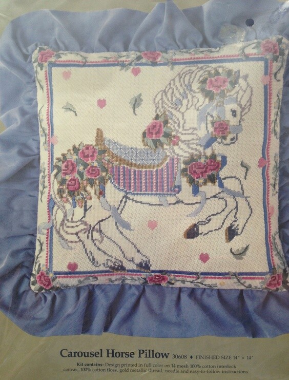 CAROUSEL HORSE EMBROIDERY PILLOW KIT - VINTAGE 1989 - UNUSED