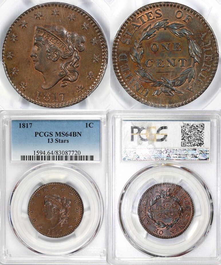 XV以下　3コン　CP含む　117種 351枚　シークレットなし　巡る星々 1817 1c 13 Stars Coronet or Matron Head Large Cent PCGS MS 64 BN