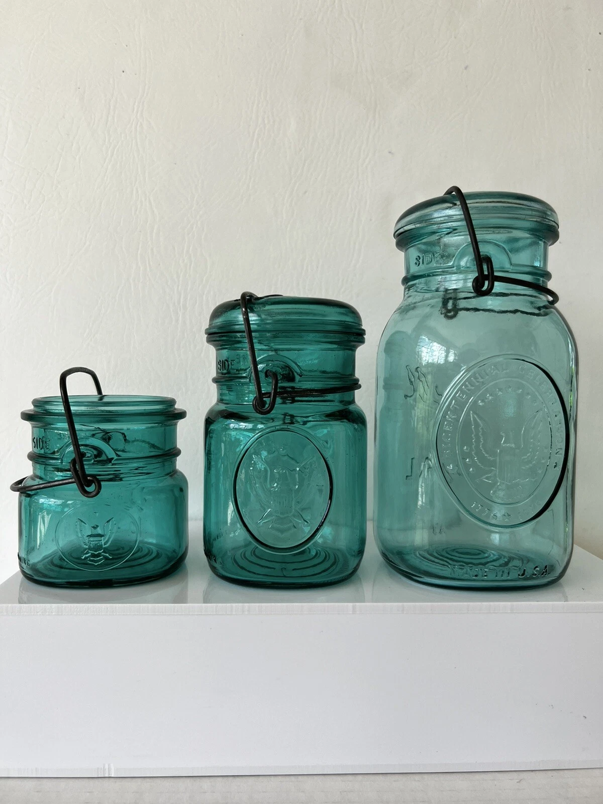 Vintage Set of 3 Ball Aqua Blue Glass Lid Wire Bail Seal Ideal Jars Mixed Sizes
