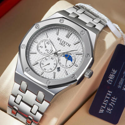 WLISTH Men Gents Quartz Analogue Stainless Steel Strap Wristwatch White Dial