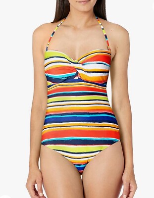 Catalina Standard Twist Front Bandeau One Piece Swimsuit Striped Multicolor Sz M