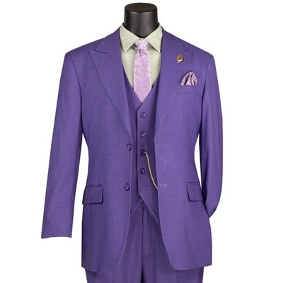 VINCI Men's Purple Textured Weave 3 Piece Regular Fit Suit w/ Flex Waist - NEW
