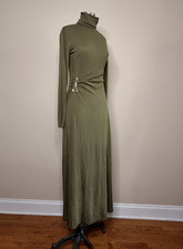 Mango Olive Green Maxi Dress M NWT Ruched Silver Hardware Turtleneck Long Sleeve