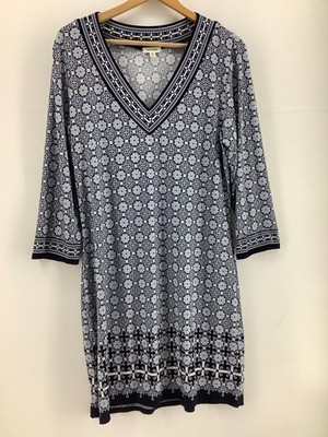 Max Studio Kleid blau lila geometrisch Scheibenmuster V-Ausschnitt Gr. XL Pullover 