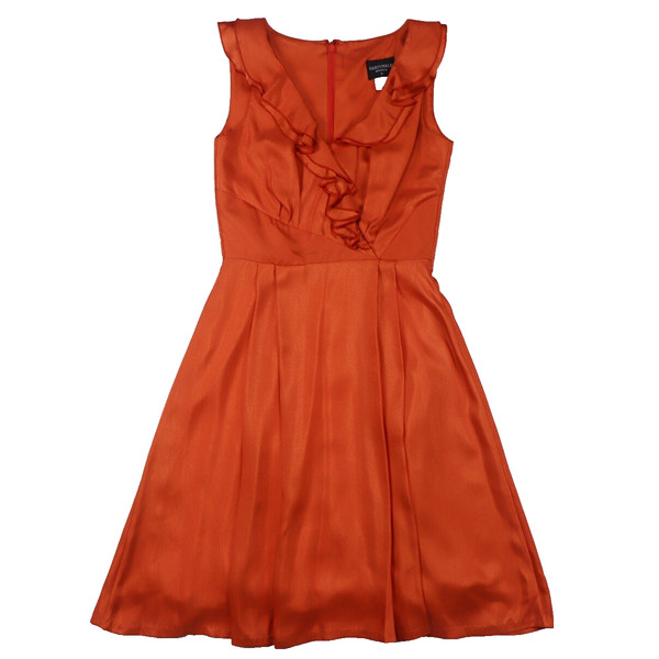 Size 8 Orange Striped Fit and Flare Dress Vneck with Frills Sleeveless Stylish