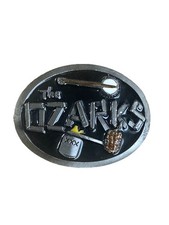 Vintage THE OZARKS Metal Belt Buckle Banjo Corncob Pipe Whiskey Jug Collectible