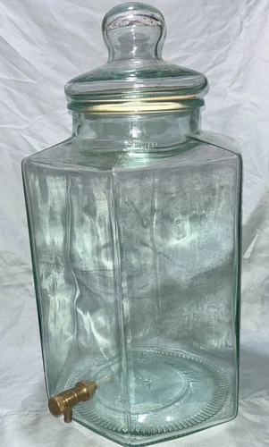 VTG LARGE Green Tint Glass Hexagon Beverage Dispenser w Lid Brass Spigot ITALY