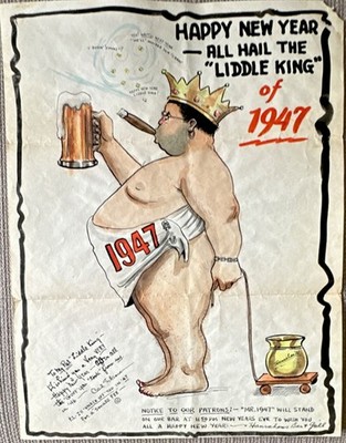RARE Vintage  Liddle King' New Year Humor Original Ink Cartoon 1946 Hanrahans
