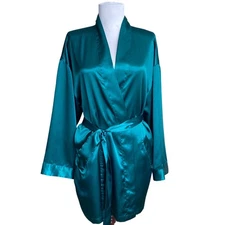 NEW Y2K VICTORIAS SECRET Emerald Green Satin Robe Kimono Tie Waist Short Lounge