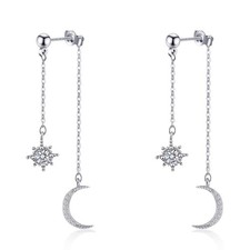 Moon and Star Dangle Earrings for Women Chain Tassel with Cubic Zirconia Drop...