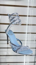REN CAOVILLA Light Blue Silver Satin Strappy Stiletto Heels Crystal Rhinestone