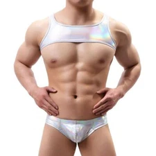 Men Sexy Shoulder Strap Crop Top Harness Tanks PU Leather Underwear Gay Panties