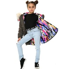 Kids Hooded Jacket Girls Rainbow Fur Olive Parka Jackets Outwear