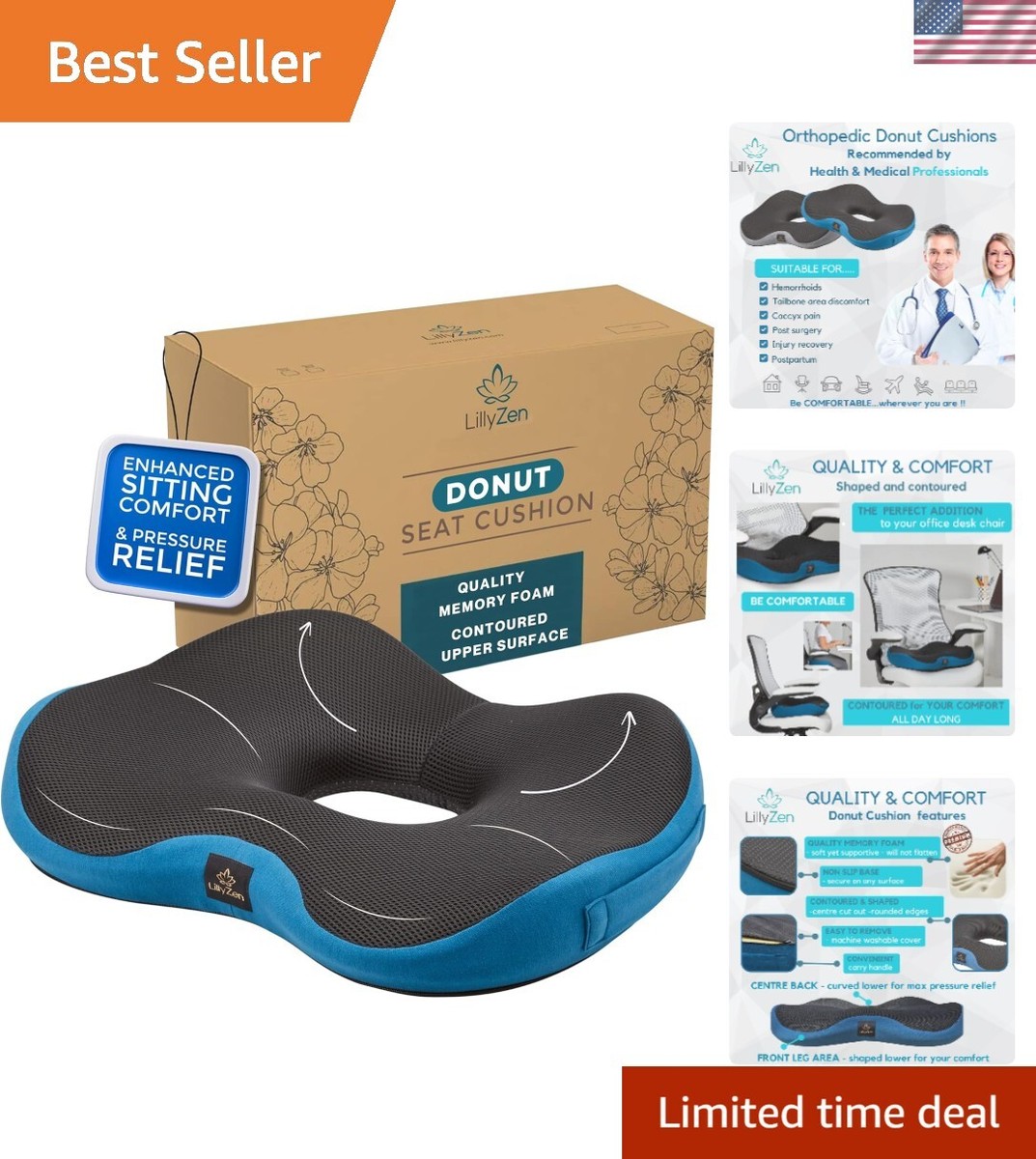 Donut Pillow for Tailbone Pain Relief Memory Foam Cushion Orthopedic Seat 