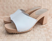 Y2K 90s Wood Platform Block Heel Chunky Sandals White Leather Made Italy US 8