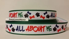 Grosgrain Ribbon, All About Me Dog Bones Paw Prints Animal Shelter Rescue 7/8"