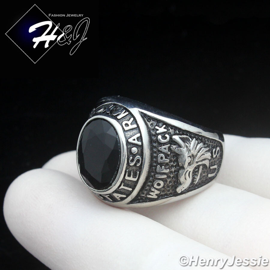 MEN Stainless Steel US Army Military Black Onyx Silver/Black Plated ...