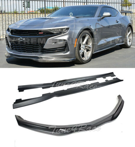For 19-Up Chevrolet Camaro SS T6 Style Front Lip Splitter & Side Skirts Black - Picture 1 of 8