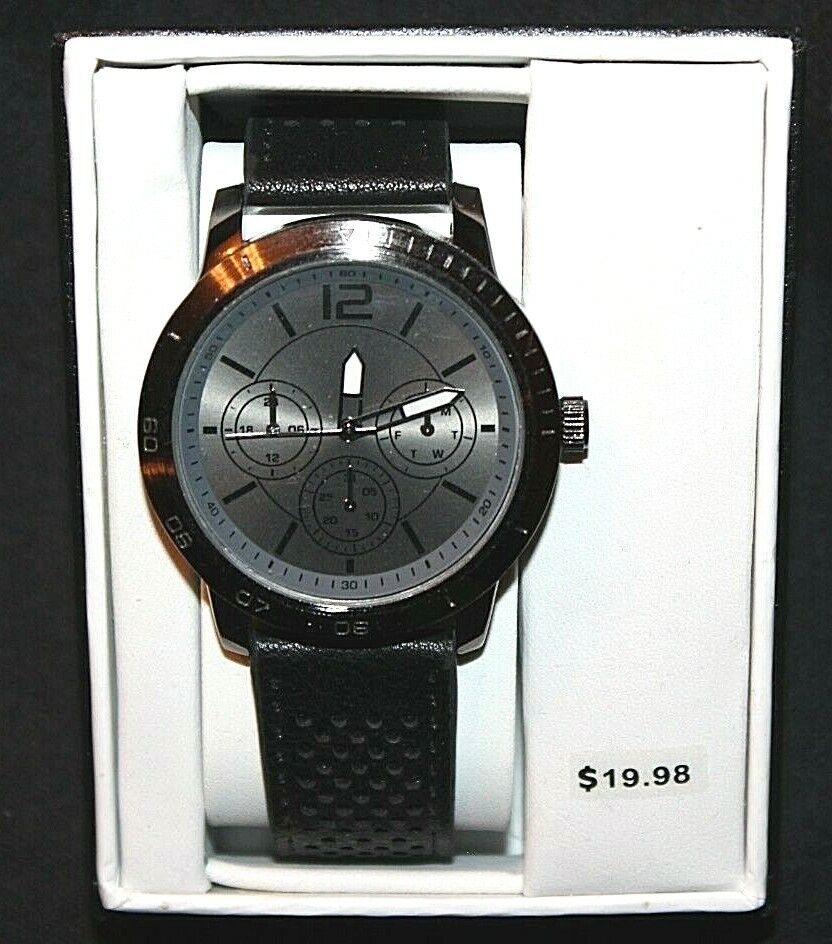Men's Round Black/Pewter Tone, Black Dial Wristwatch w/ Black Faux Leather  Strap | eBay