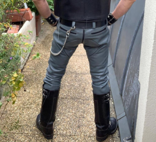 Men’s Genuine Leather Grey Pants New Real Soft Cowhide Black Piping Gay Trousers - Picture 2 of 3