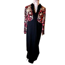 Vintage XL Floral Print Maxi Dress Black Button Front Long Sleeve Formal Gown