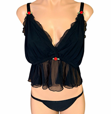 Parade 2XL Black Silky Mesh Flutter Longline Bralette Rose Accents Crop Top Bra