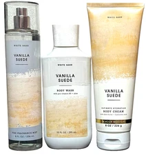 Bath Body Works VANILLA SUEDE Fragrance Mist, Body Cream, Body Wash Gel 3pc SET