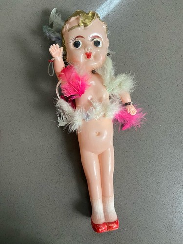 CELLULOID 1950 CARNIVAL KEWPIE DOLL W/ FEATHERS Made In Japan Midcentury Toy 11”