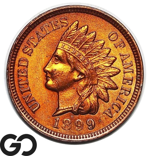 1899 Indian Head Cent Penny, Gorgeous RED, Solid Gem BU++ RD