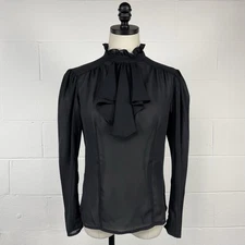 Vintage 70s Sheer Black Chiffon Blouse Ruffle Ascot Collar Edwardian Gothic S