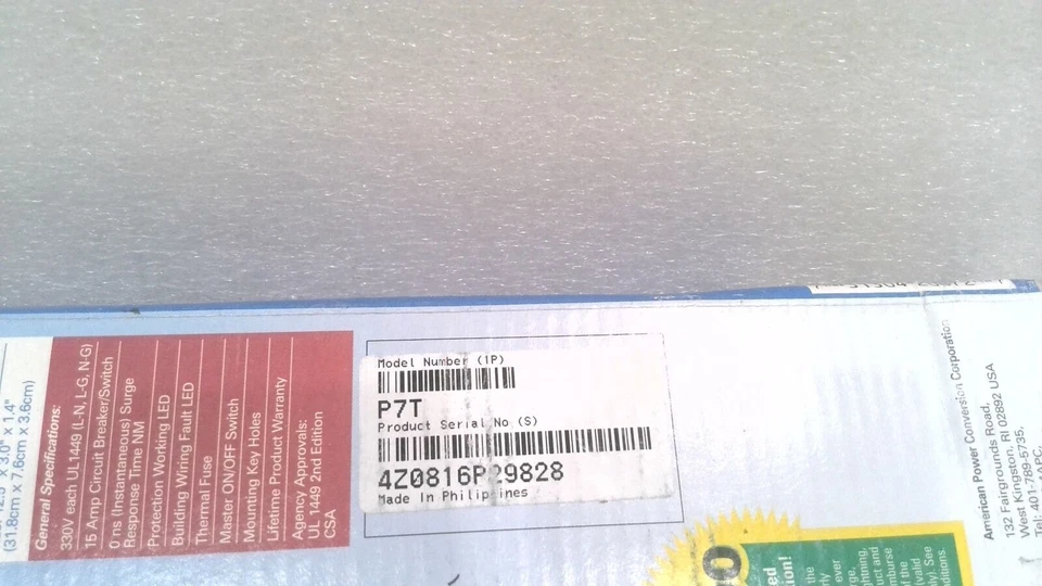 APC ESSENTIAL P7T SURGEARREST 7 OUTLET SURGE PROTECTOR, WITH TELEPHONE CORD - Image 4 of 4