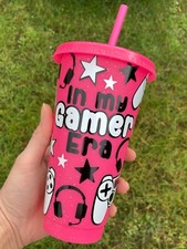 Custom reusable pink or green cold cup tumbler Gamer era XBOX Playstation option