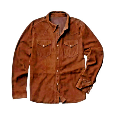 Men's Suede Leather Shirt Western Style Genuine Suede Brown Jacket