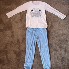 Miss Rose White And Light Blue Soft Pajamas Top Is Size L Bottom is Size S