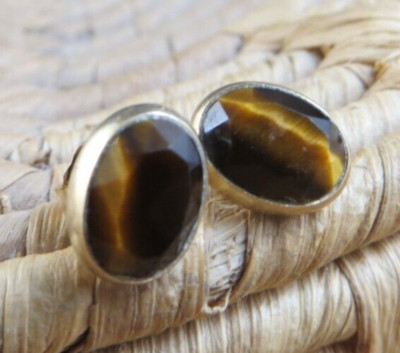 14k Yellow Gold Natural Tiger's Eye Oval Cut Bezel Set Stud Post Earrings #231