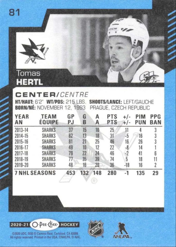 2020-21 O-Pee-Chee Blue Border Parallel Tomas Hertl San Jose Sharks #81 - Image 2 of 2