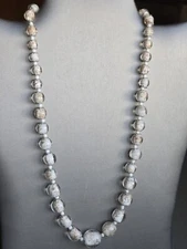 Clear/White Murano Style & Solid White Glass Beaded Necklace, Adj. 20-22 Inches