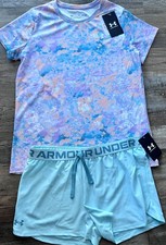 NWT Under Armour YLG Girls Aqua/Teal/Multi-Color Print Shorts Set
