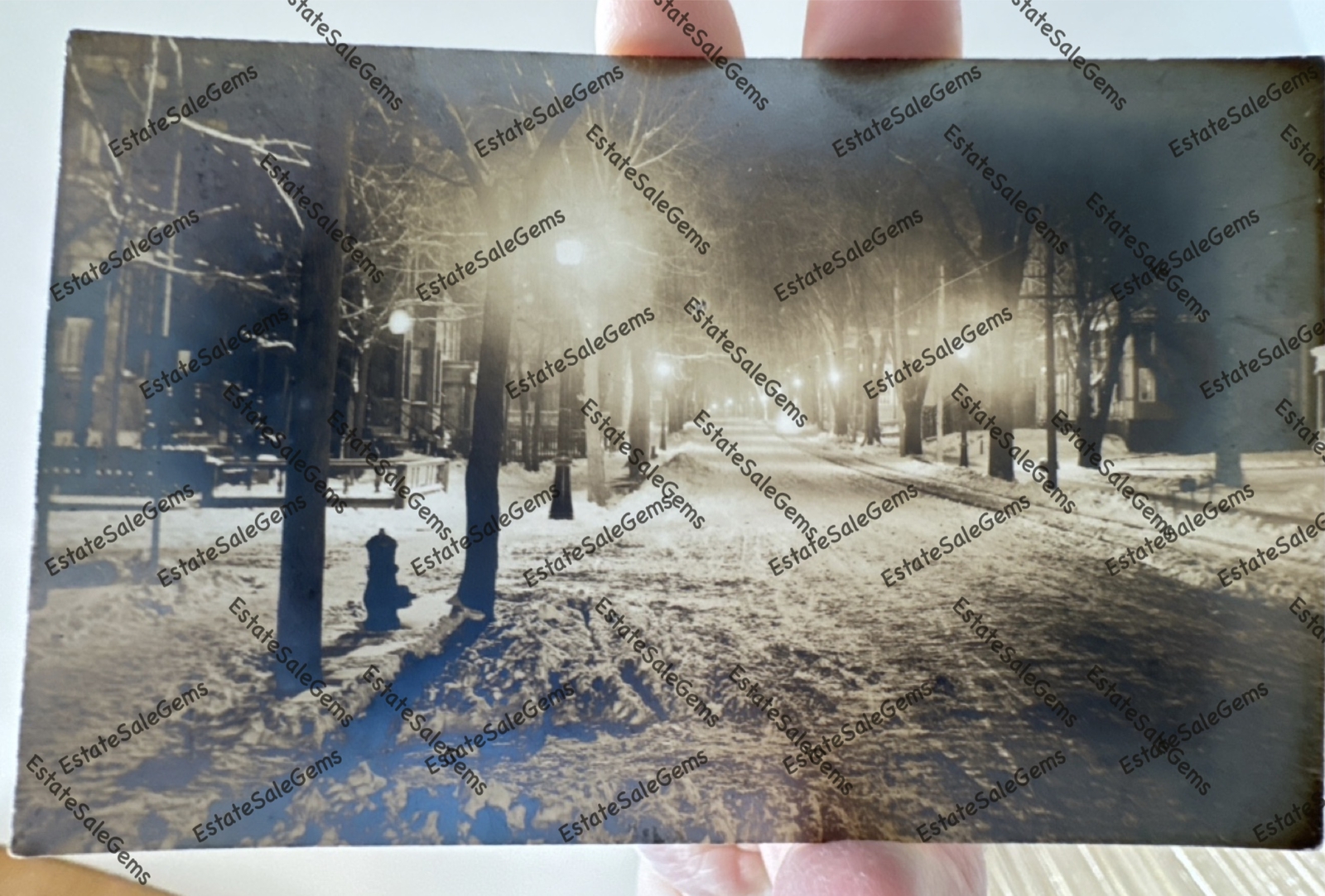 Antique RPPC 1917 nighttime snowy street scene Real Photo Postcard 