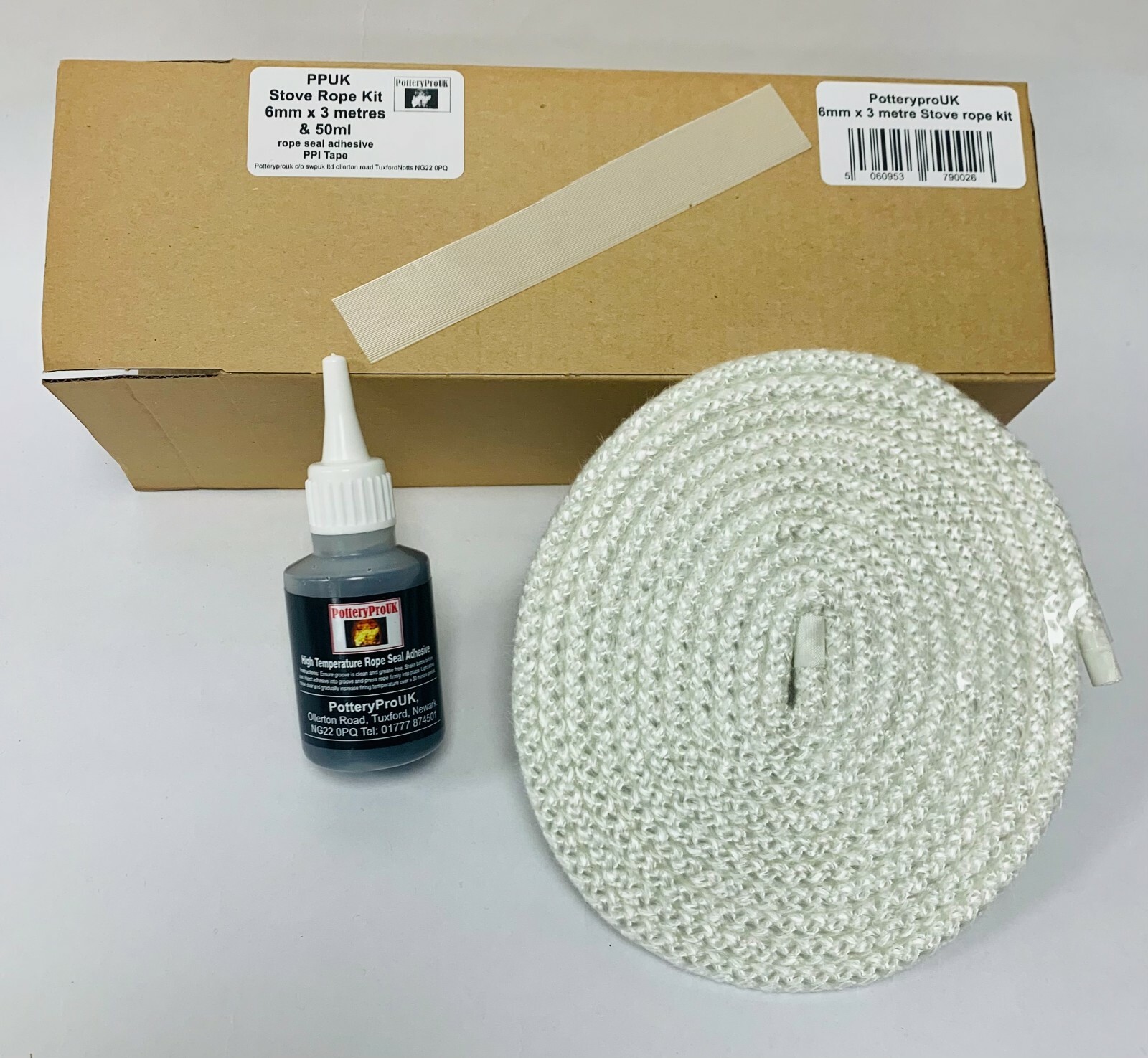 Stove Rope Kit: 6mm x 3mt Glass Fibre Rope, Glue & Tape white * Made in the UK*