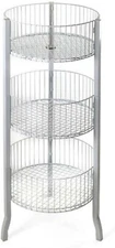 3-Level Wire Basket Display Rack, Floor Standing, Round Bins, Metal Frame White
