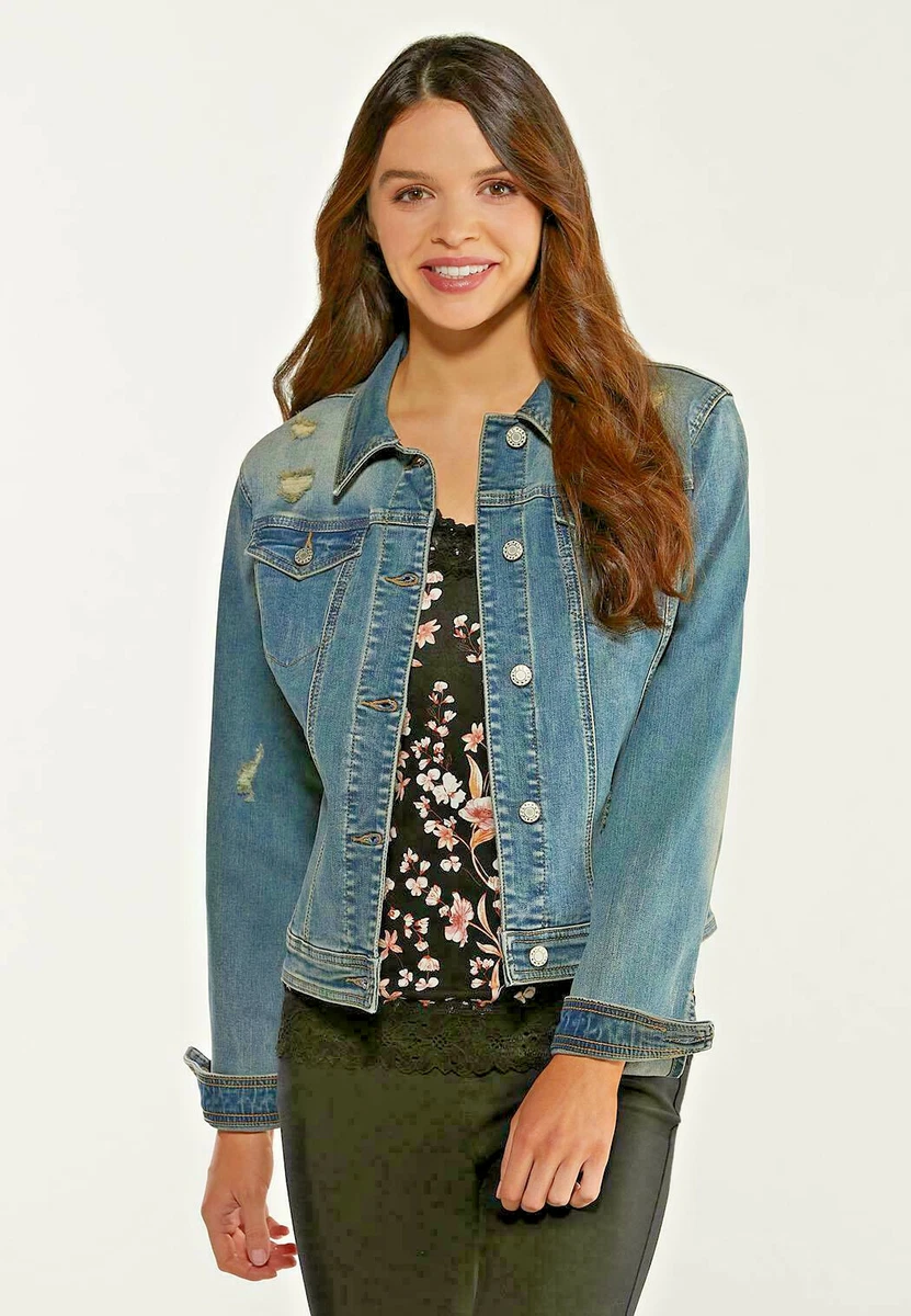 NEW Cato Fashions Distressed Medium Wash Stretch Denim Jacket Plus
