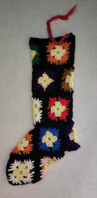 FREE Vintage Handmade Crochet Colorful Christmas Black 18  Stocking Granny