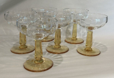 Bryce Brothers ''Holiday Yellow'' ~ 6 Square Stem Optic Champagne Goblets ~ Mint