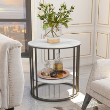 Rund Couchtisch Beistelltisch Weiß Marmor Sofatisch Wohnzimmertisch mit 2 Ablage