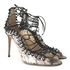 NEW JIMMY CHOO Koko Grey  Beige Snakeskin Lace-Up Heels, Size 39.5
