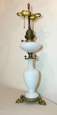 antique 1800's ornate Victorian Apollon brass milk glass electrified oil lamp