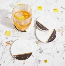 Chic & Tonic Set Of 4 Coasters White Black Ceramic Marble Look Gold Accent Cork