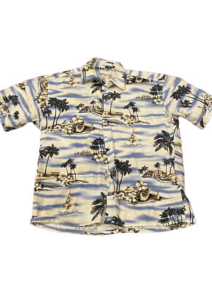 Pierre Cardin Men Shirt Med Button Down SS Hawaiian Aloha Tiki Hibiscus Palm
